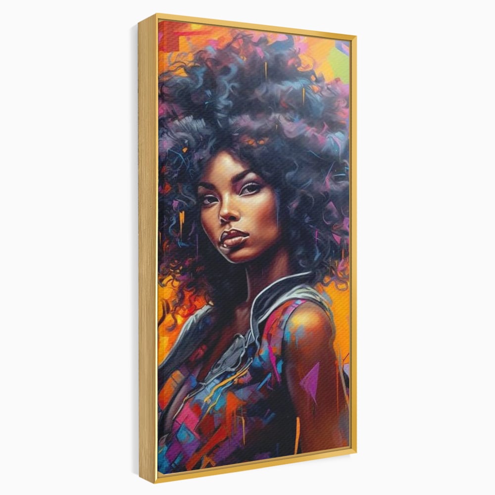 Tablou canvas cu tablou canvas cu portret urban afro, in rama de aluminiu auriu